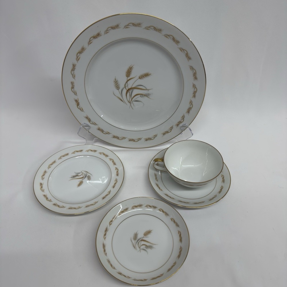 Mikasa Fine China Wheat‎ Grace Tea Set Cup Saucer Plates Japan Vintage Gold Tim